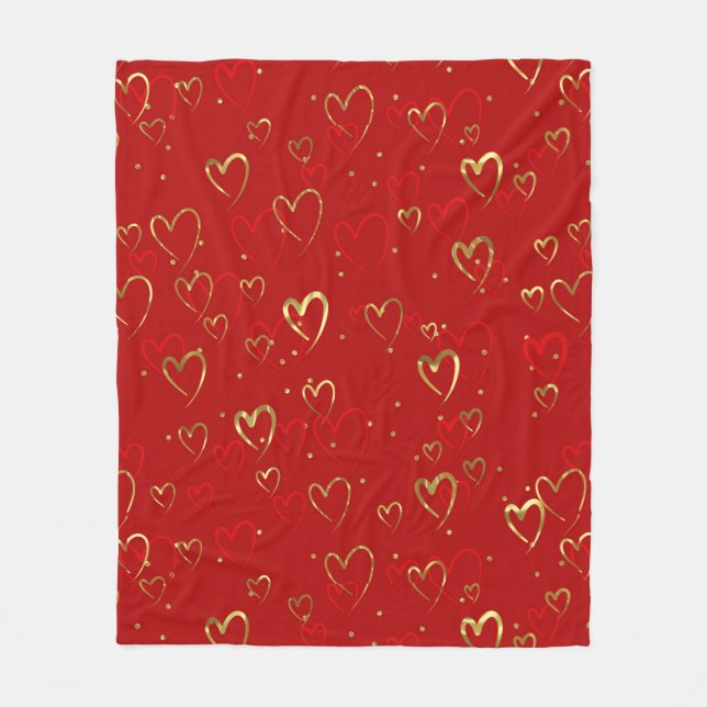 Rote und goldene Herzen am roten Valentiner Muster Fleecedecke (Vorderseite)