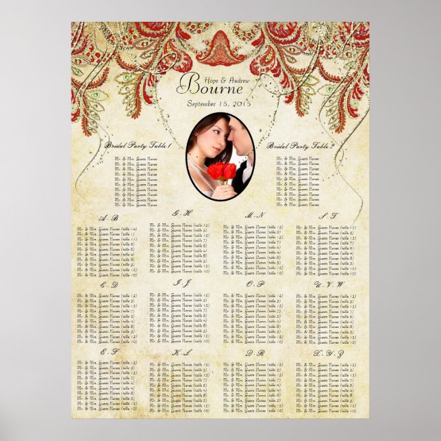 Rote und goldene Hochzeitstabelle für Ihr Foto Poster (Vorne)