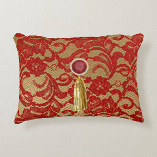 Rote und goldene Imitate Blumenlace Jewel & Gold T Zierkissen