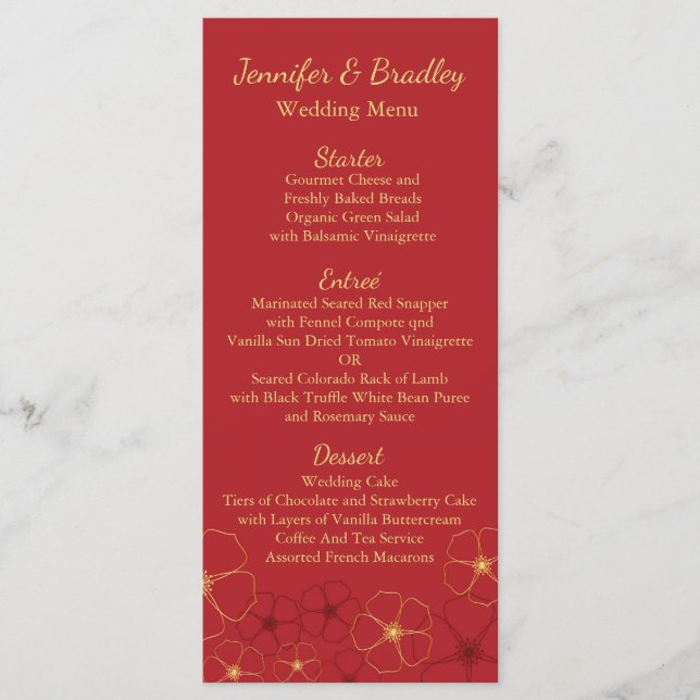 Rote und goldene Kirschblüten Hochzeitsmenü Menükarte (Vorderseite)