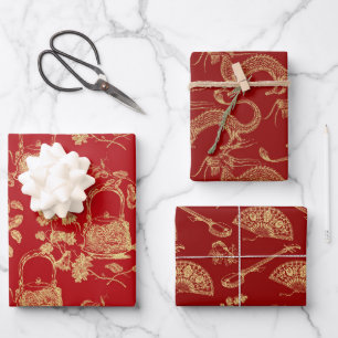 Rote und goldene orientalische Chinoiserie-Muster Geschenkpapier Set