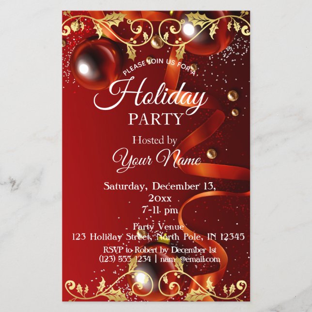 Rote und goldene Ornamente Party Einladung Flyer (Vorne)