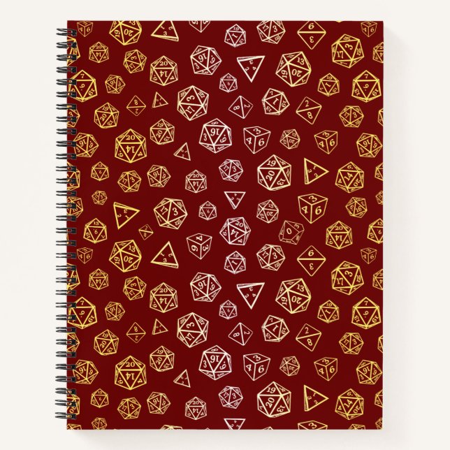 Rote und goldene Rollenspielwürfel d20 Gamer Notizbuch (Vorderseite)
