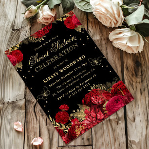 Rote und goldene Rosen Florale Sweet Sixteen Einla Einladung