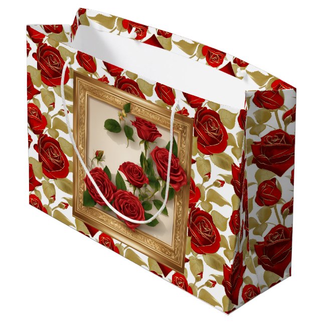Rote und goldene Rosen Große Geschenktüte (Rückseite Schrägansicht)
