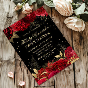 Rote und goldene Rosenrand-Blumen-Sweet Sixteen Einladung