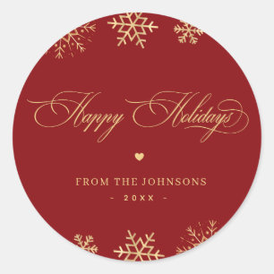 Rote und goldene Schneeflocken Happy Holidays Indi Runder Aufkleber