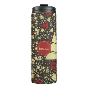 Rote und goldene Weihnachtsbaum Schneeflocken und  Thermosbecher