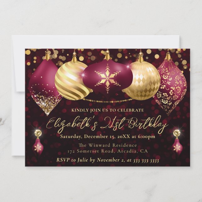Rote und goldene Weihnachtsbäume Geburtstagsparty Einladung (Vorderseite)