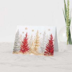 Rote und goldene Weihnachtsbäume mit Schneeflocken Karte