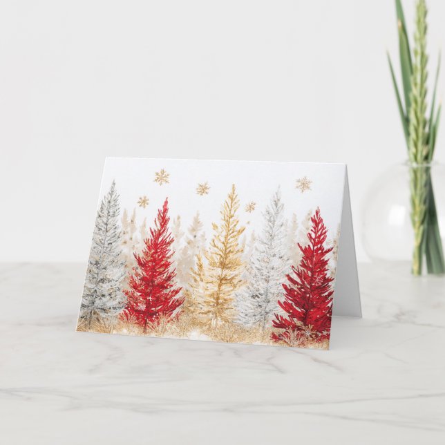Rote und goldene Weihnachtsbäume mit Schneeflocken Karte (Vorderseite)