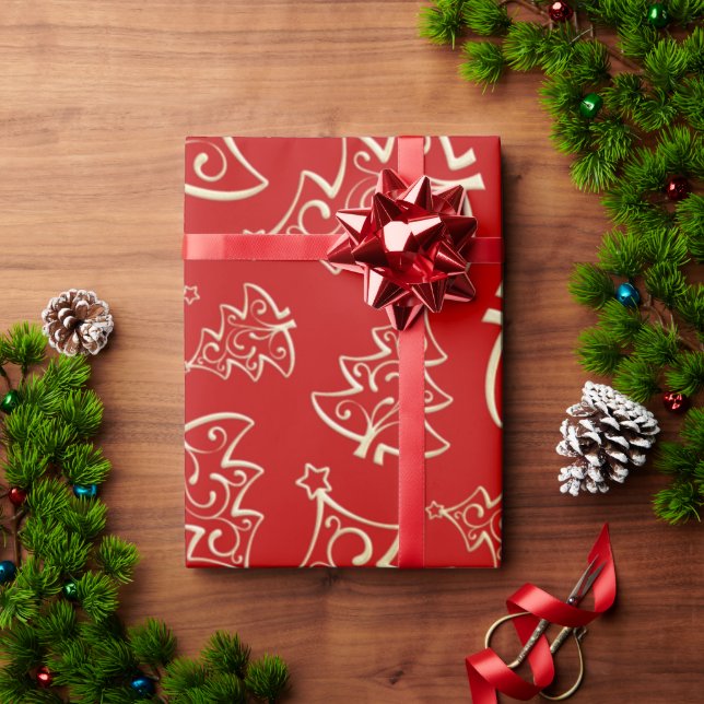 Rote und goldene Weihnachtsbäume Umschlagpapier Geschenkpapier (Feiertagsgeschenk)
