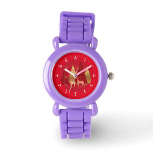 Rote und goldene Weihnachtsbäume und Hirsche Armbanduhr