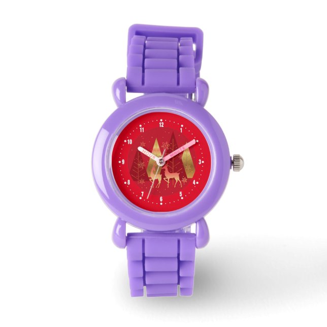 Rote und goldene Weihnachtsbäume und Hirsche Armbanduhr (Vorderseite)