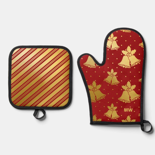 Rote und goldene Weihnachtsglocken Ofenhandschuh & Topflappen-Set (Vorderseite)
