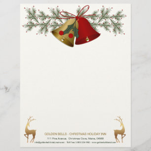 Rote und goldene Weihnachtsglocken, Stechpalme und Briefbogen