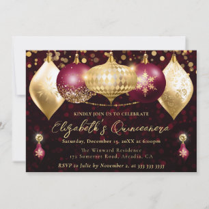 Rote und goldene Weihnachtskugeln Quinceanera Einladung