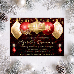 Rote und goldene Weihnachtskugeln Quinceanera Einladung