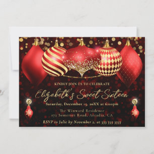 Rote und goldene Weihnachtskugeln Sweet 16 Einladung