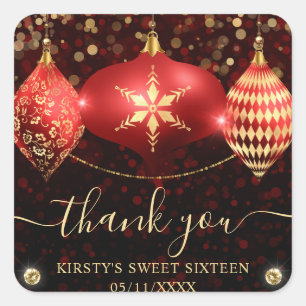 Rote und goldene Weihnachtskugeln Sweet Sixteen Quadratischer Aufkleber