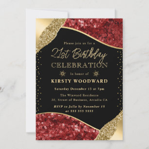 Rote und goldene Winter-Sequin 21. Geburtstag Einladung