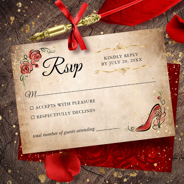 Rote und Goldprinzessin Elegante Hochzeit RSVP Karte (Red and gold RSVP cards to give your once upon a time celebration an elegant touch.)