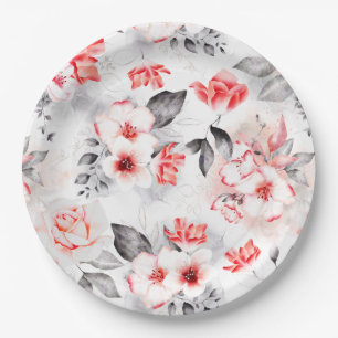 Rote und graue Aquarell-Blumen-Brautparty Pappteller