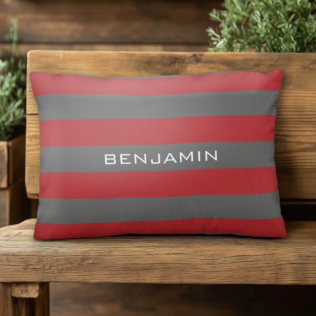 Rote und graue Rugby Streifen mit Individuelle Nam Dekokissen (Custom Pillow)