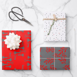 Rote und graue Tasten, Blumennoten und Polka-Punkt Geschenkpapier Set