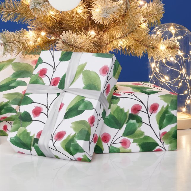 Rote und grüne Berry-Zweige für künstlerische Wass Geschenkpapier (Feiertage)