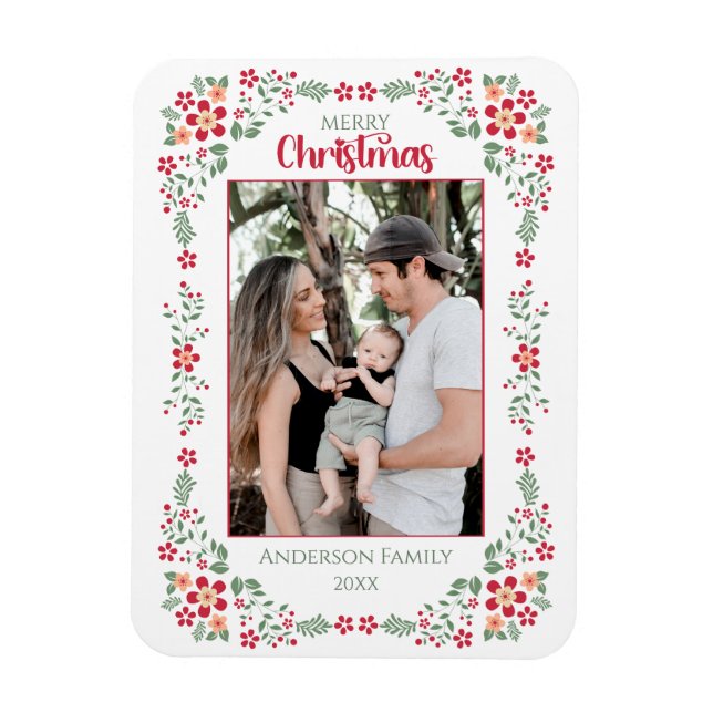 Rote und grüne Blumenrahmen Foto Weihnachten Magnet (Vertikal)