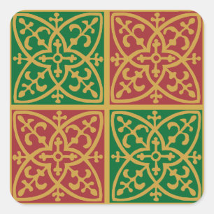 Rote und grüne Fliesen Kunst auf goldenem Muster Quadratischer Aufkleber