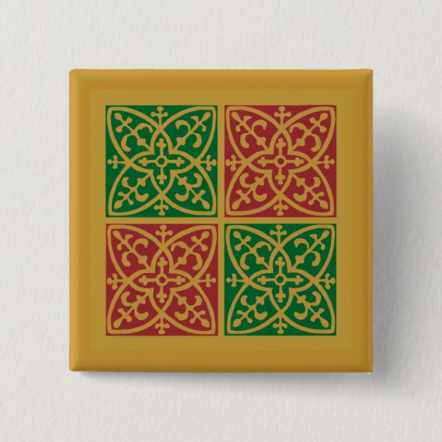 Rote und grüne Fliesenkunst auf Goldenem Muster Button (Vorderseite)