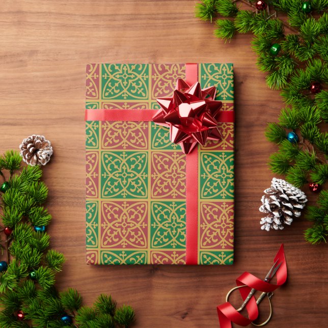 Rote und grüne Fliesenkunst auf Goldenem Muster Geschenkpapier (Feiertagsgeschenk)