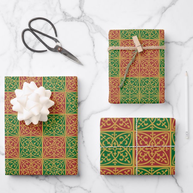 Rote und grüne Fliesenkunst auf Goldenem Muster Geschenkpapier Set (Vorderseite)