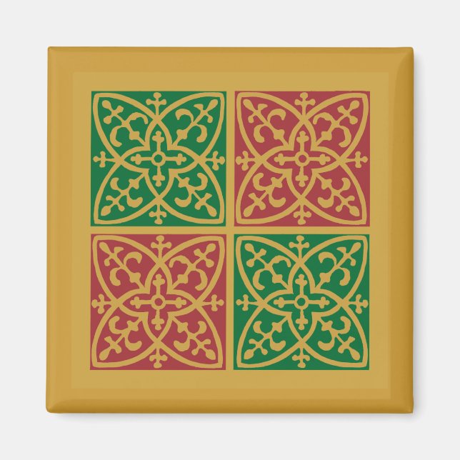 Rote und grüne Fliesenkunst auf Goldenem Muster Magnet (Vorne)