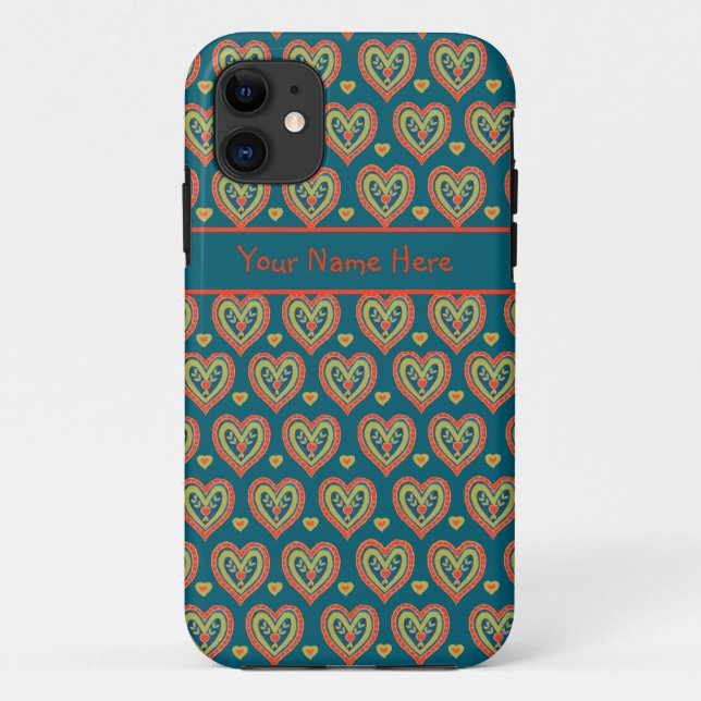 Rote und grüne Folk Art Art Hearts on Dark Aquamar Case-Mate iPhone Hülle (Rückseite)