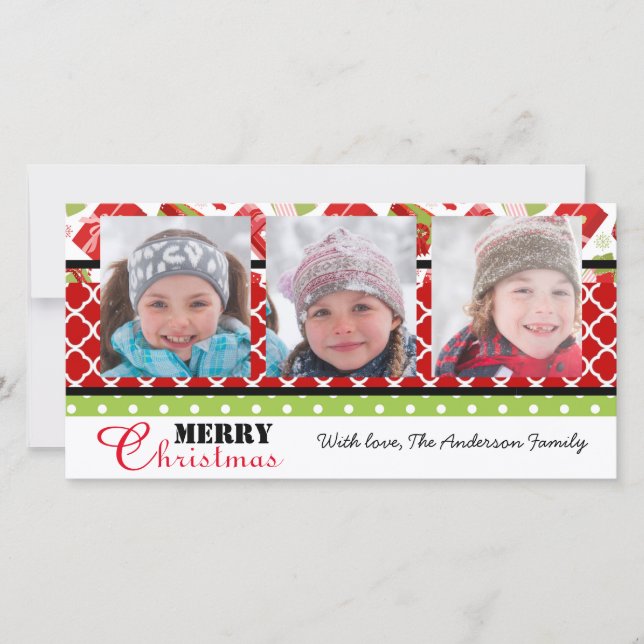 Rote und grüne Geschenke - Fotokarte Feiertagskarte (Vorderseite)