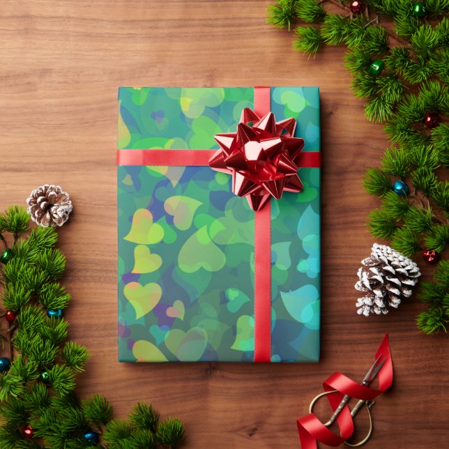 Rote und grüne herabfallende Herzen Geschenkpapier (Feiertagsgeschenk)