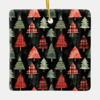 Rote und grüne Karierte Weihnachtsbäume auf Schwar Keramikornament