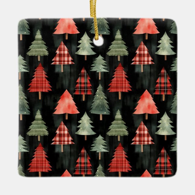 Rote und grüne Karierte Weihnachtsbäume auf Schwar Keramikornament (Vorderseite)