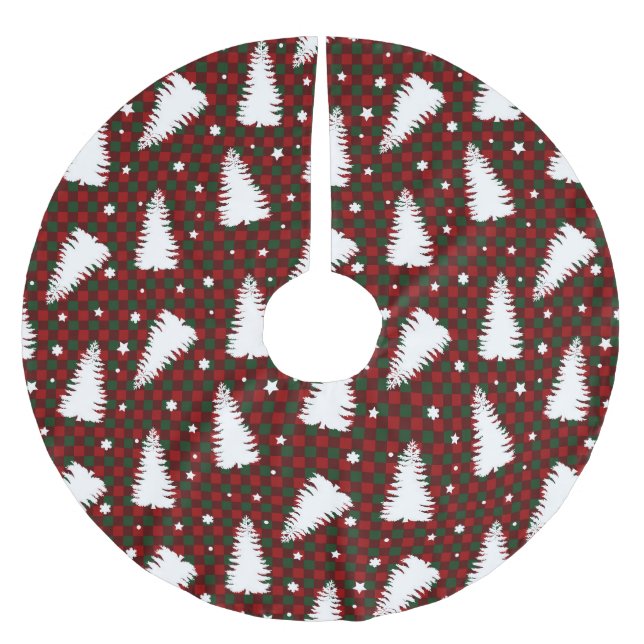ROTE UND GRÜNE KARO-MUSTER UND WEISSE BÄUME POLYESTER WEIHNACHTSBAUMDECKE (Vorderseite)