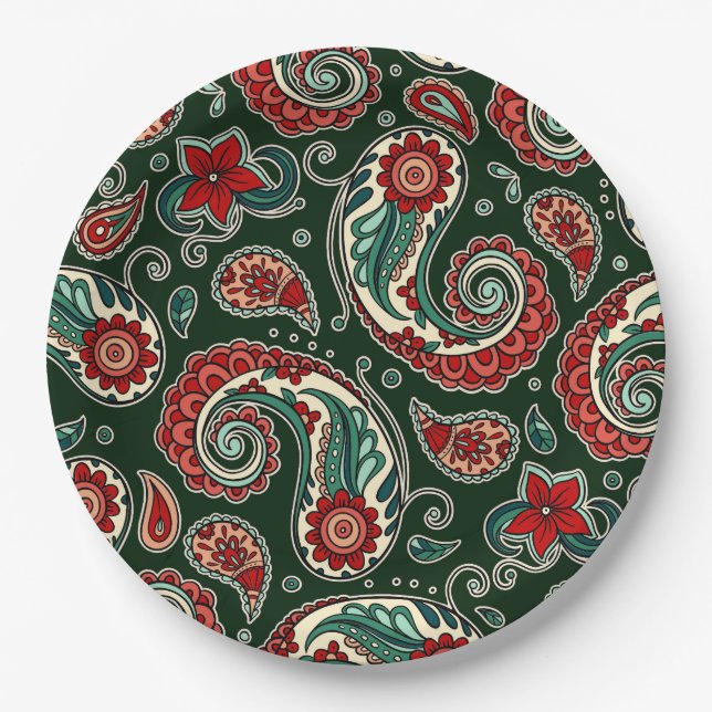 Rote und grüne Paisley-Papierplatten Pappteller (Vorderseite)