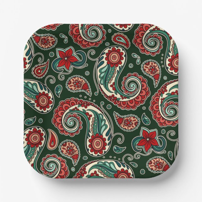 Rote und grüne Paisley-Platz-Papierteller Pappteller (Vorderseite)
