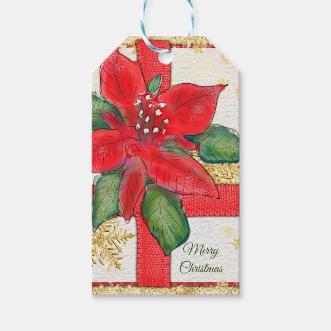 Rote und grüne Poinsettia Weihnachtsmarken Geschenkanhänger (Vorderseite)