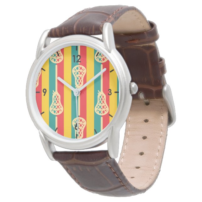 Rote und grüne Retro-Lacrosse-Sticks und -Streifen Armbanduhr (Schrägansicht)