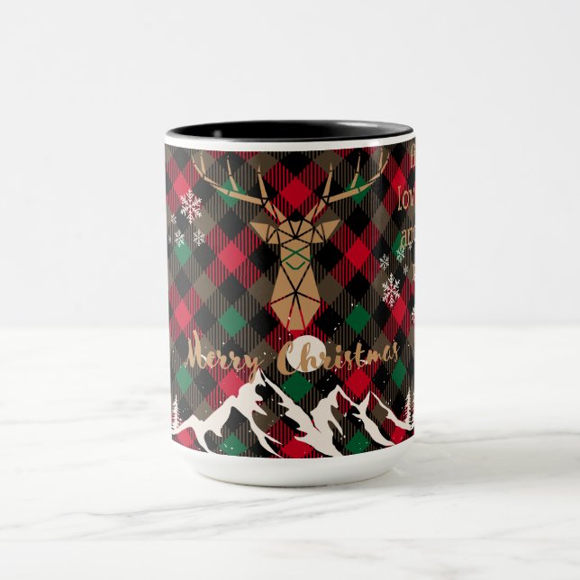 Rote und grüne rustikale Karierte Rentierweihnacht Tasse (Zentrum)