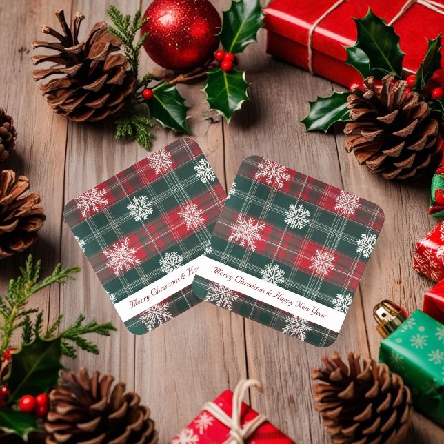 Rote und grüne Schneeflocken-Muster Urlaub Rechteckiger Pappuntersetzer (Rustic Red and Green Snowflakes pattern Holidays Square Paper Coaster)