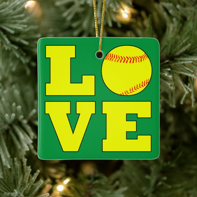 Rote und grüne Softball-Liebe Reversible Weihnacht Keramikornament (Baum)
