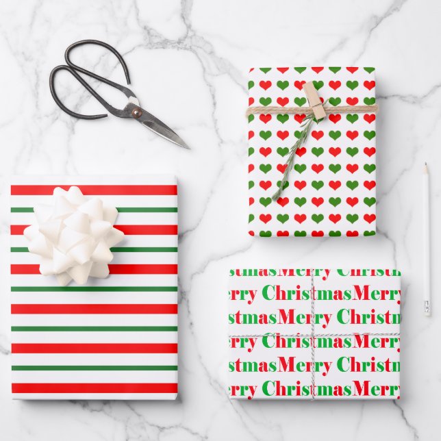 Rote und grüne Streifen Herzen Frohe Weihnachten Geschenkpapier Set (Vorderseite)